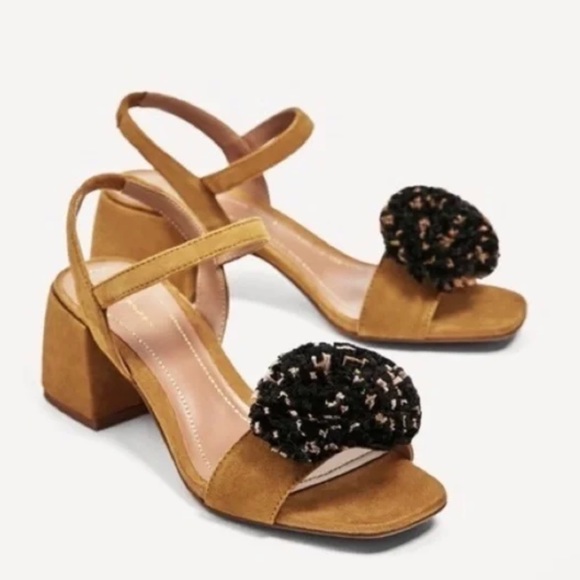 Zara Shoes - Zara Tan Suede Raffia Pom Pom Strappy Sandals